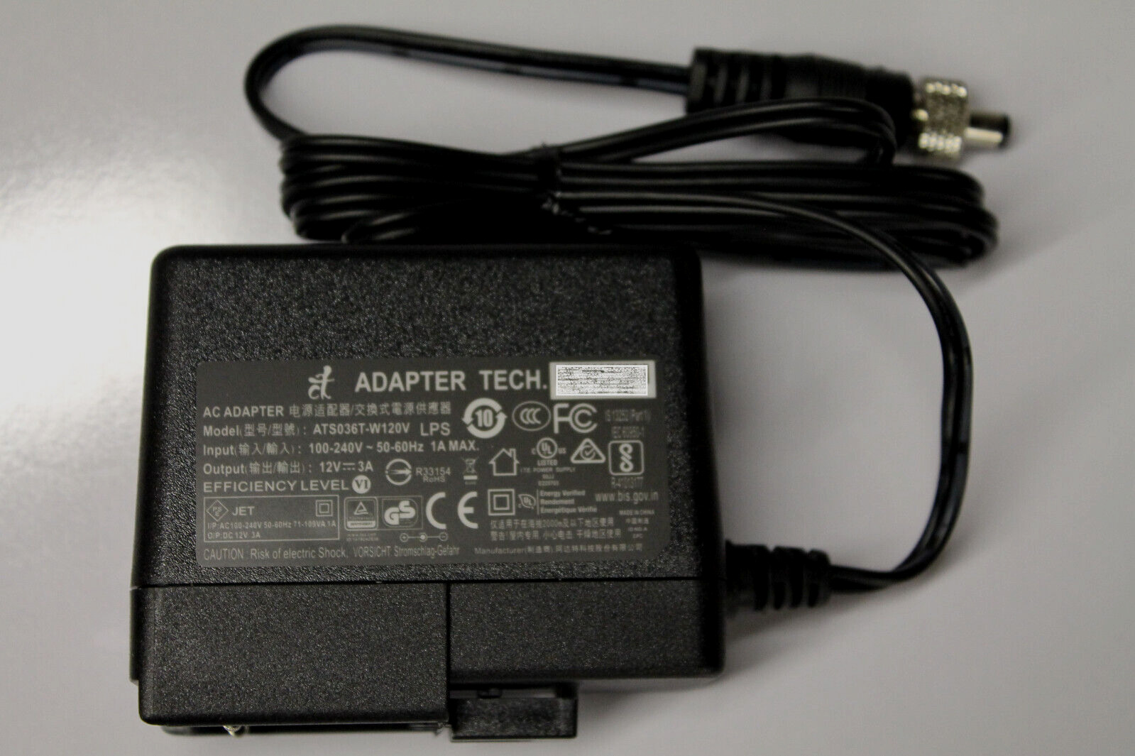 Adapter Tech ATS036T-W120V 36W AC to DC output 12V 3.0A w/Screw Lock WallCharger