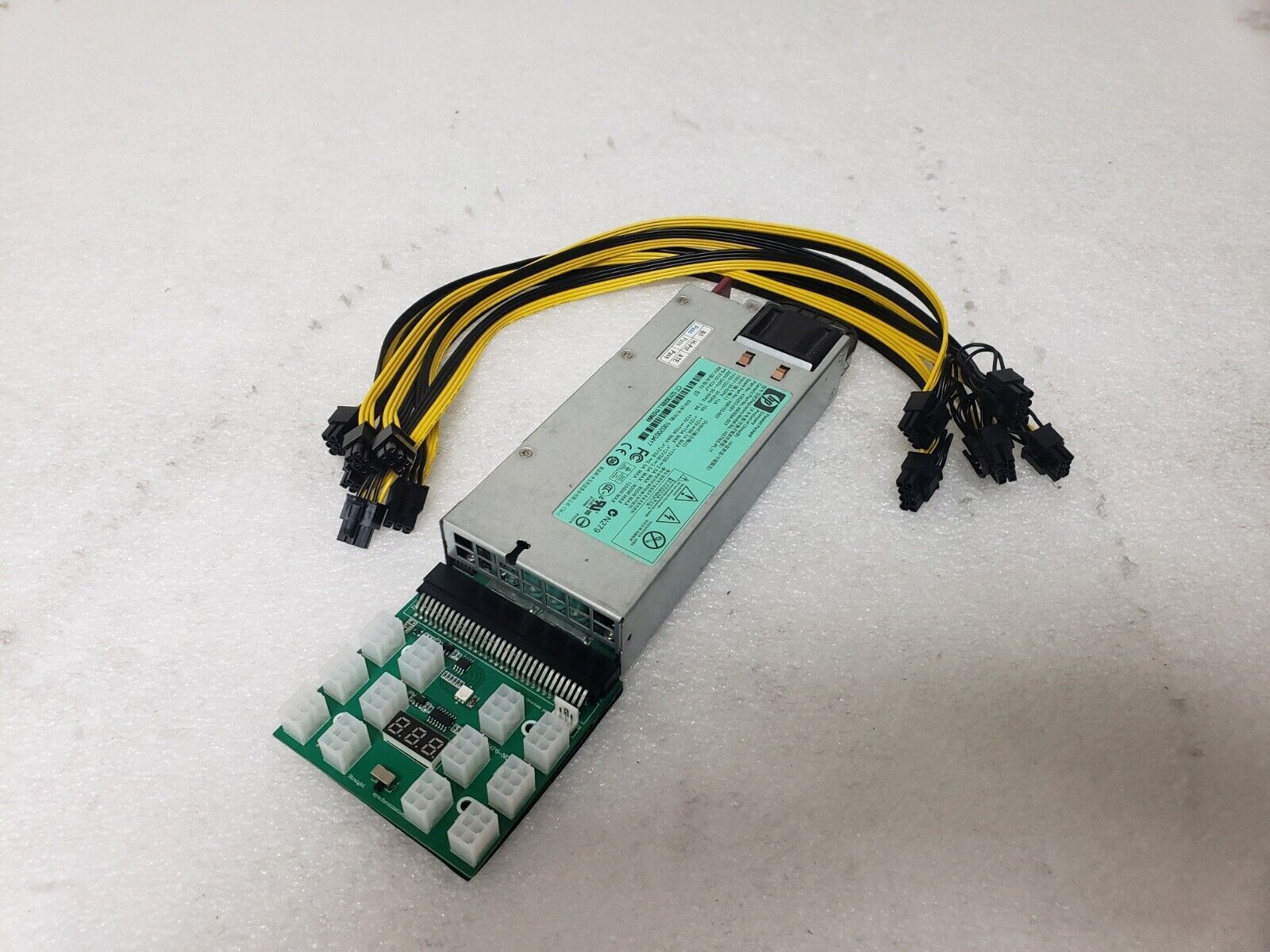 HP 1200W ETH ASICS Bitcoin Crypto Mining Power Supply / Breakout Board 12 Cables