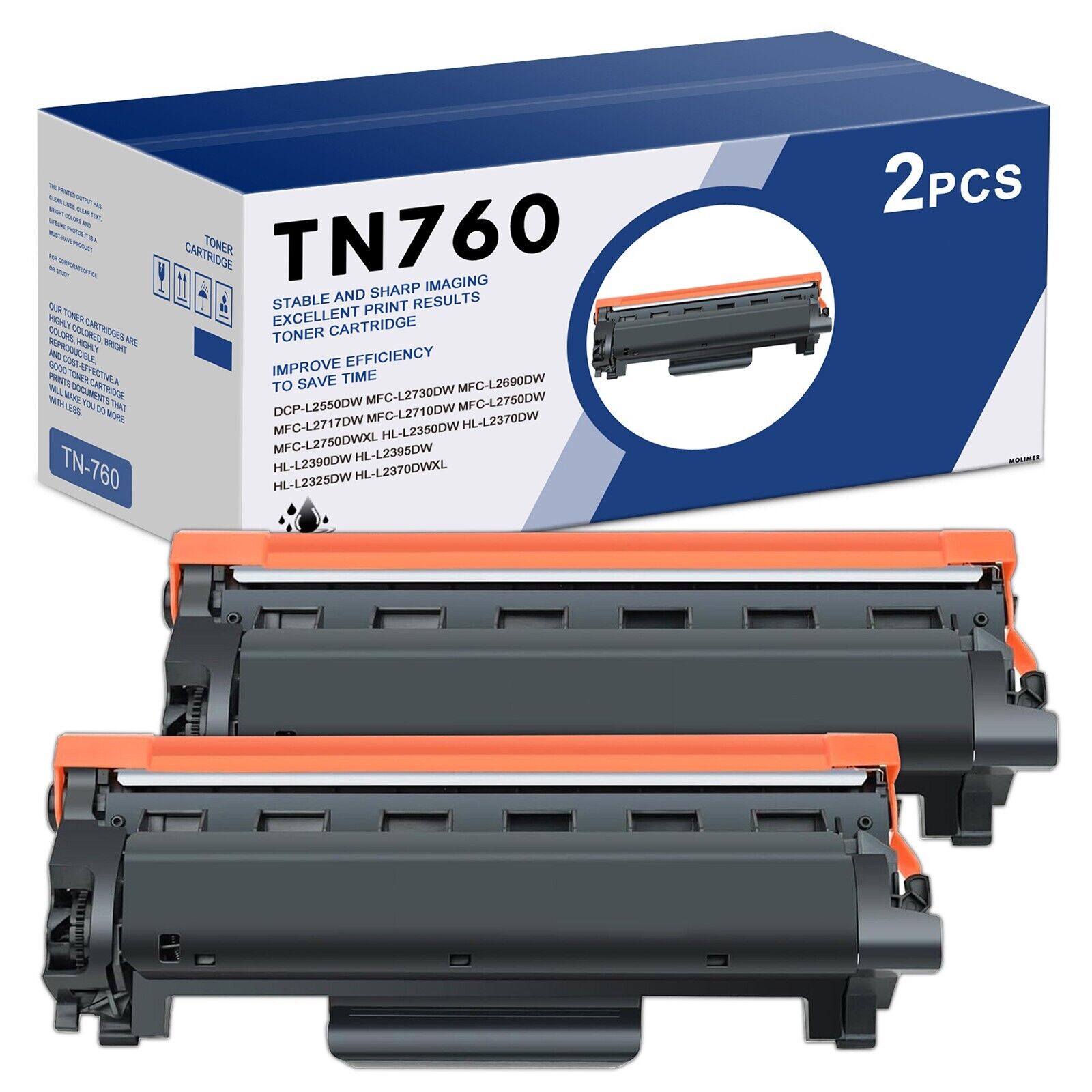 2PK TN760 High Yield Toner Cartridge Replacement for Brother MFC-L2717DW Printer