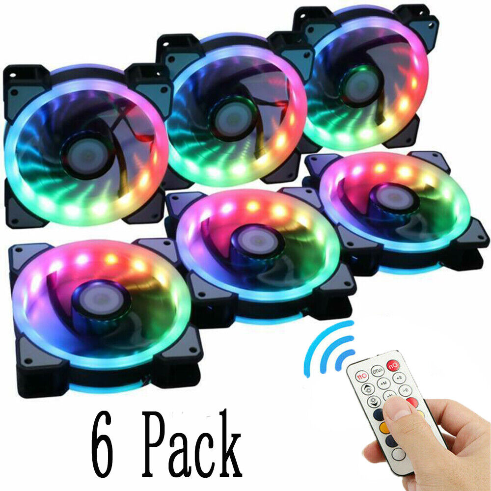 6 Pack RGB LED Quiet Computer Case PC Cooling Fan 120mm with Remote Control USA