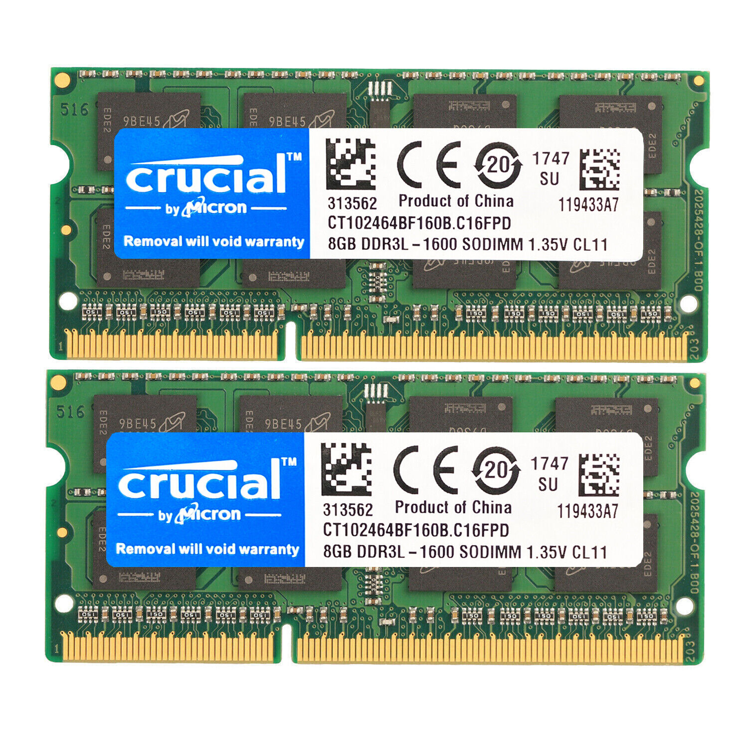 Crucial DDR3L 1600MHz 16GB(2 x 8GB)  SODIMM RAM PC3L-12800 2Rx8 Laptop Memory