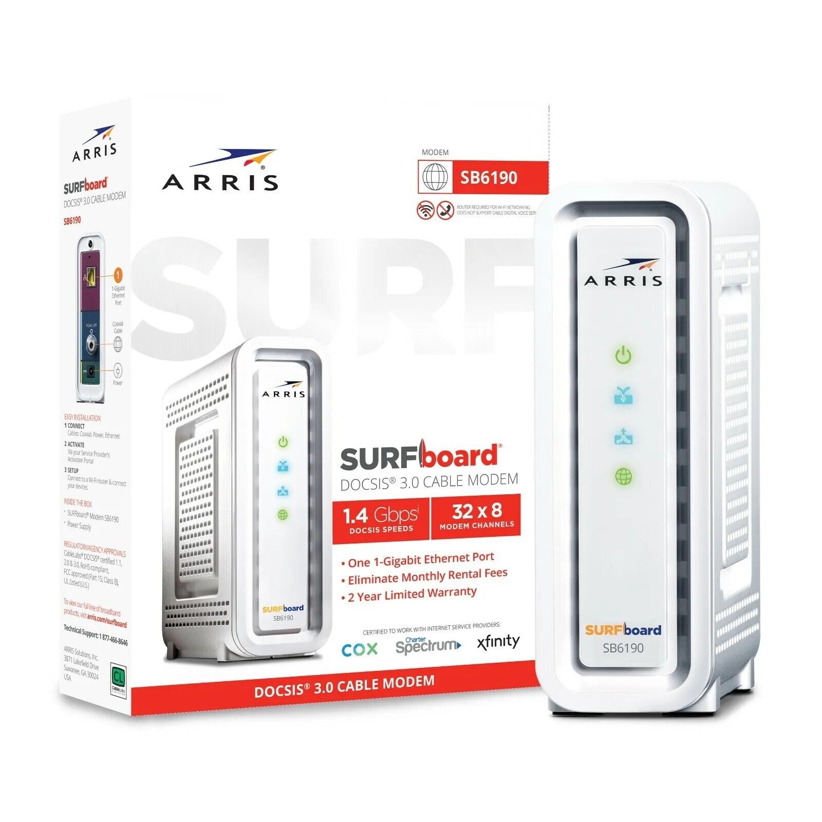 ARRIS SURFboard SB6190. DOCSIS 3.0 Cable Modem.  32 x 8 Modem Channels 1.4Gbps 