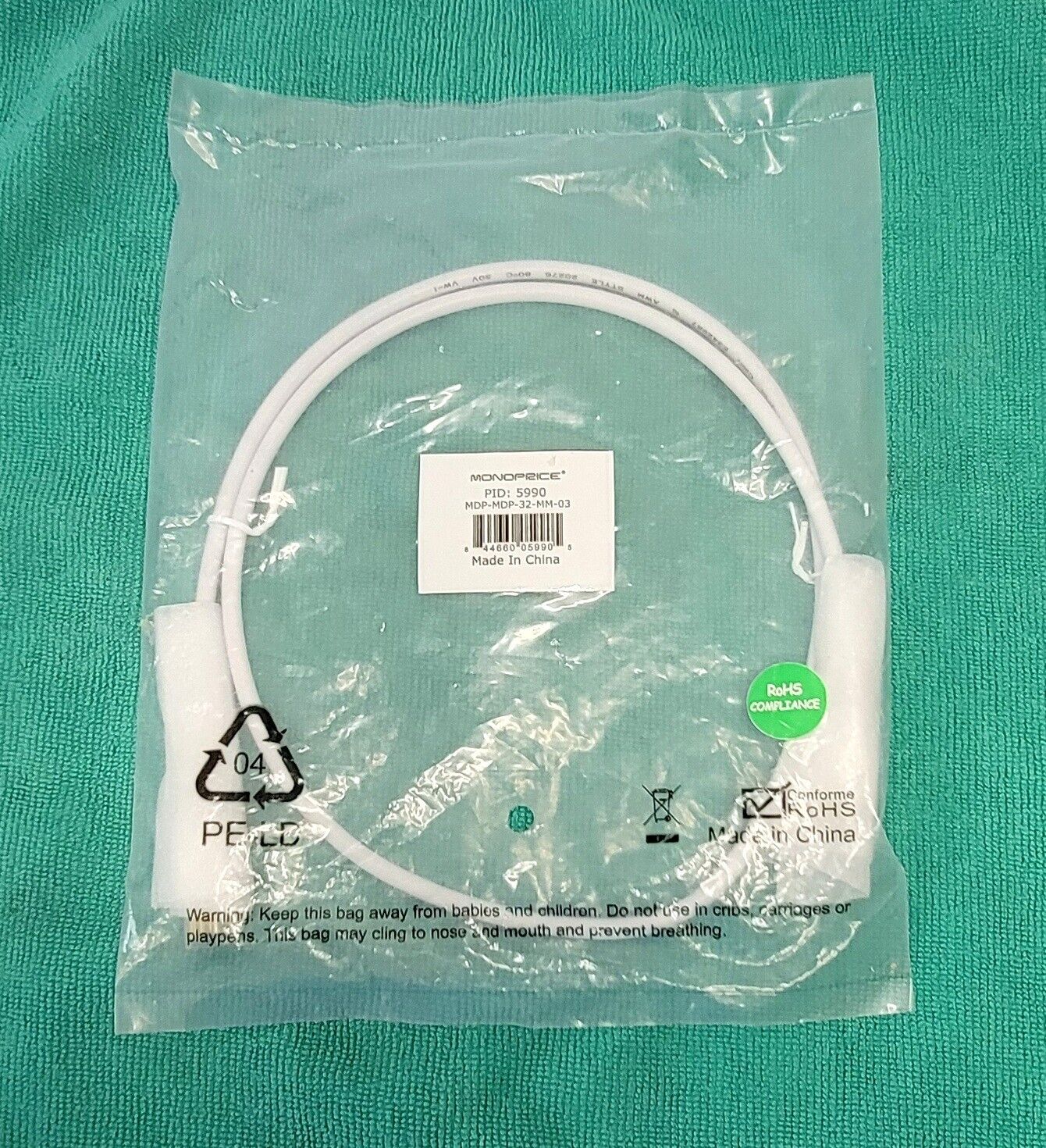Monoprice (5990) 3Ft 32AWG Male to Male Mini Computer Display Port Cable - NEW