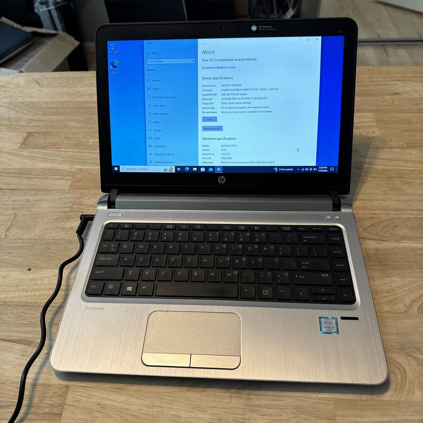 HP ProBook 430 G3 i3-6100U 2.3GHz 8GB RAM 256SSD 13.3” Win 10 PRO