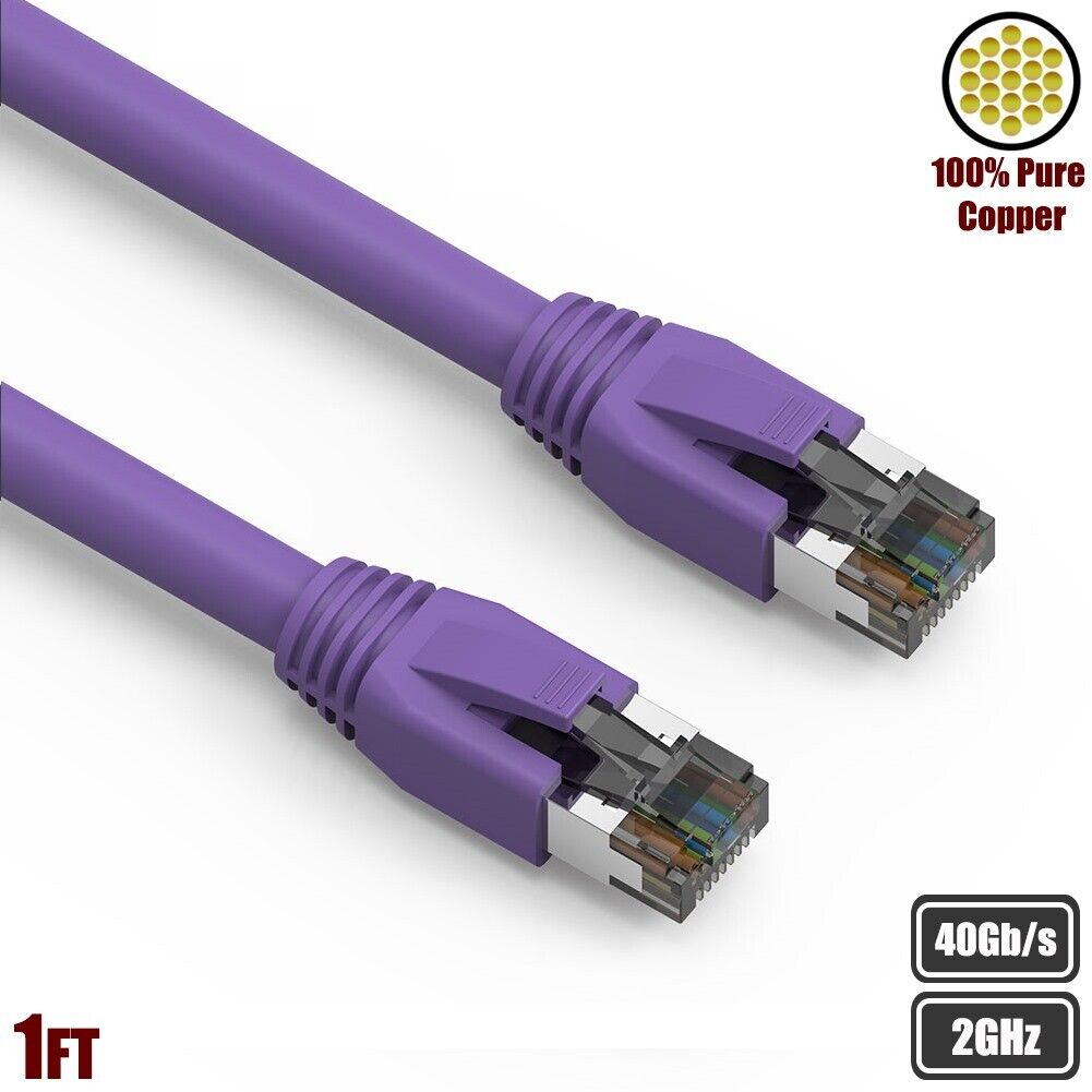 1FT Cat8 RJ45 Network LAN Ethernet S/FTP Patch Cable Copper 2GHz 40Gbps Purple