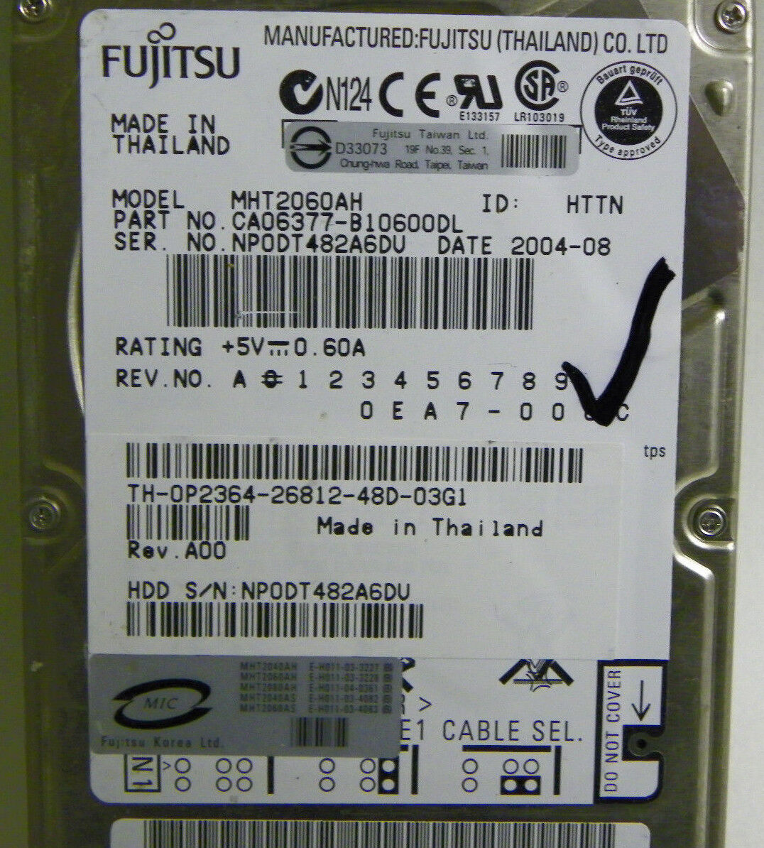 60GB Fujitsu MHT2060AH Laptop IDE Hard Drive P/N CA06377-B10600DL DP/N 0P2364