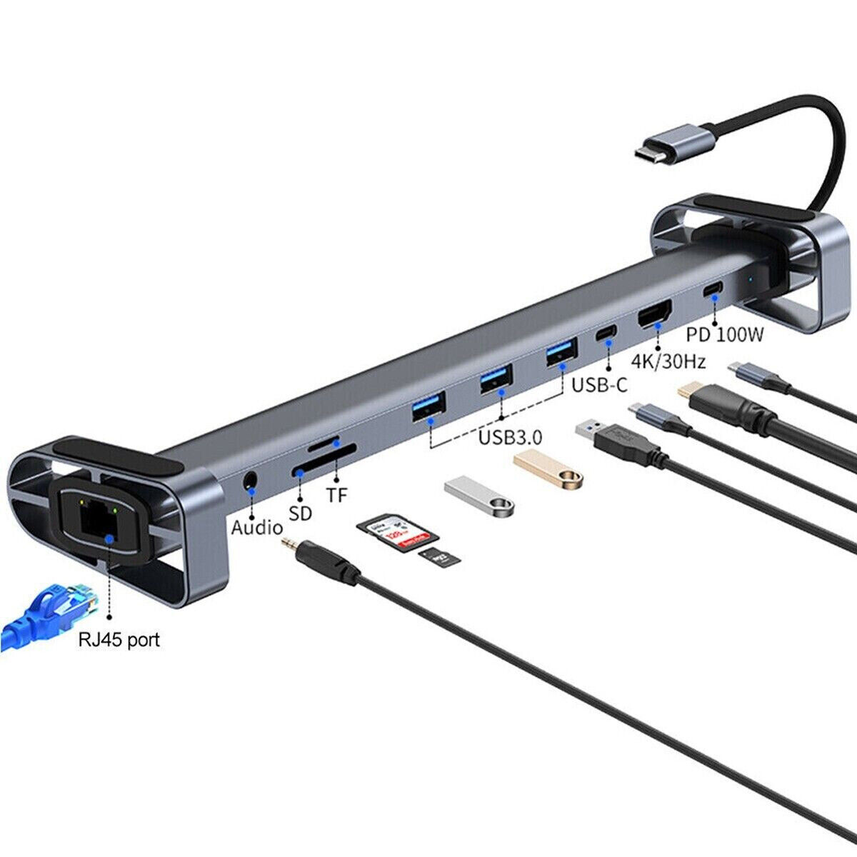 H36C 10in1 USB C Hub Docking Station HDMI RJ45 USB 3.0 Audio SD/TF für PC Laptop