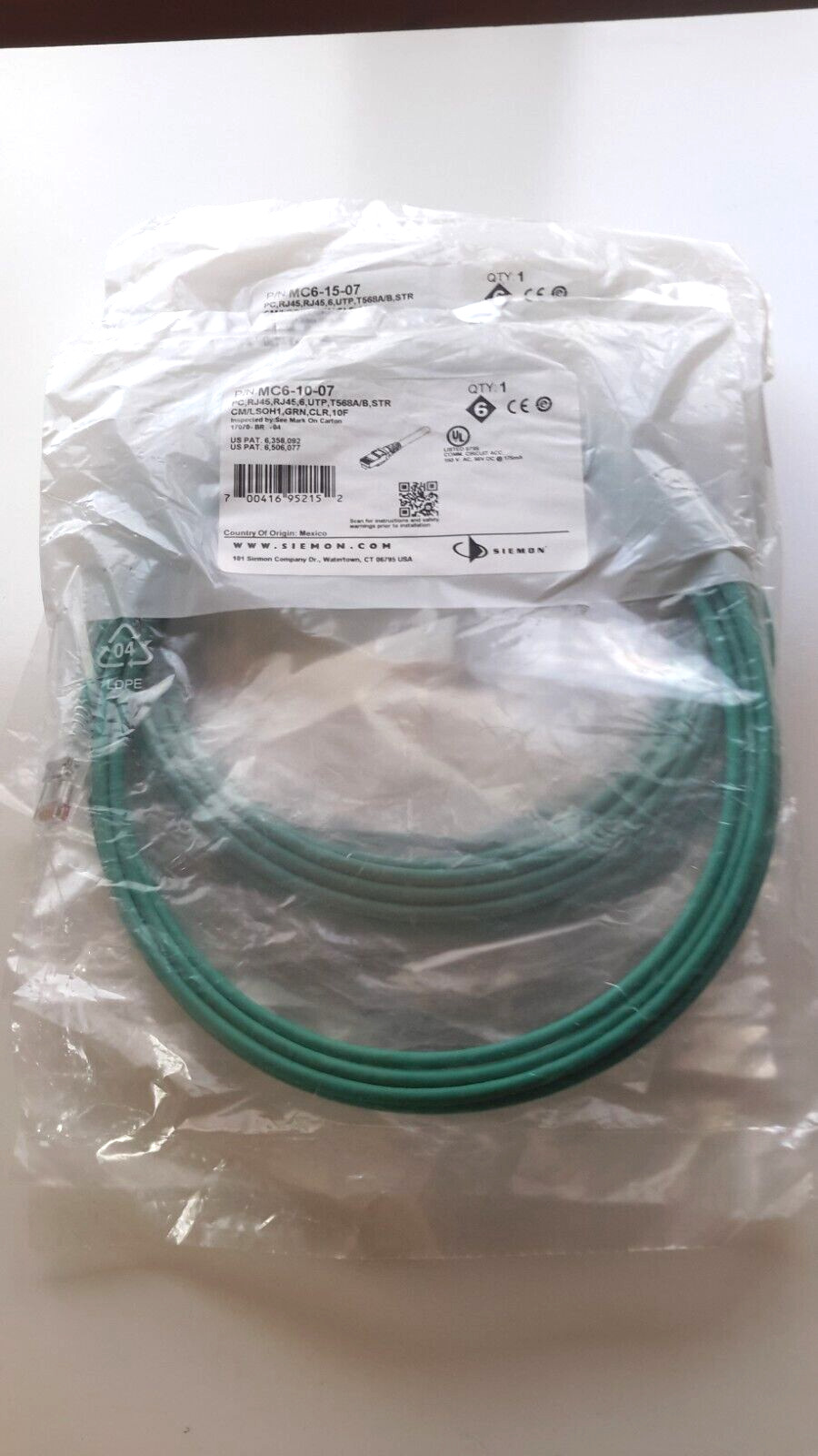 (Lot of 5) 10\' Green Siemon\'s MC6-10-07 Category 6 Patch Cables