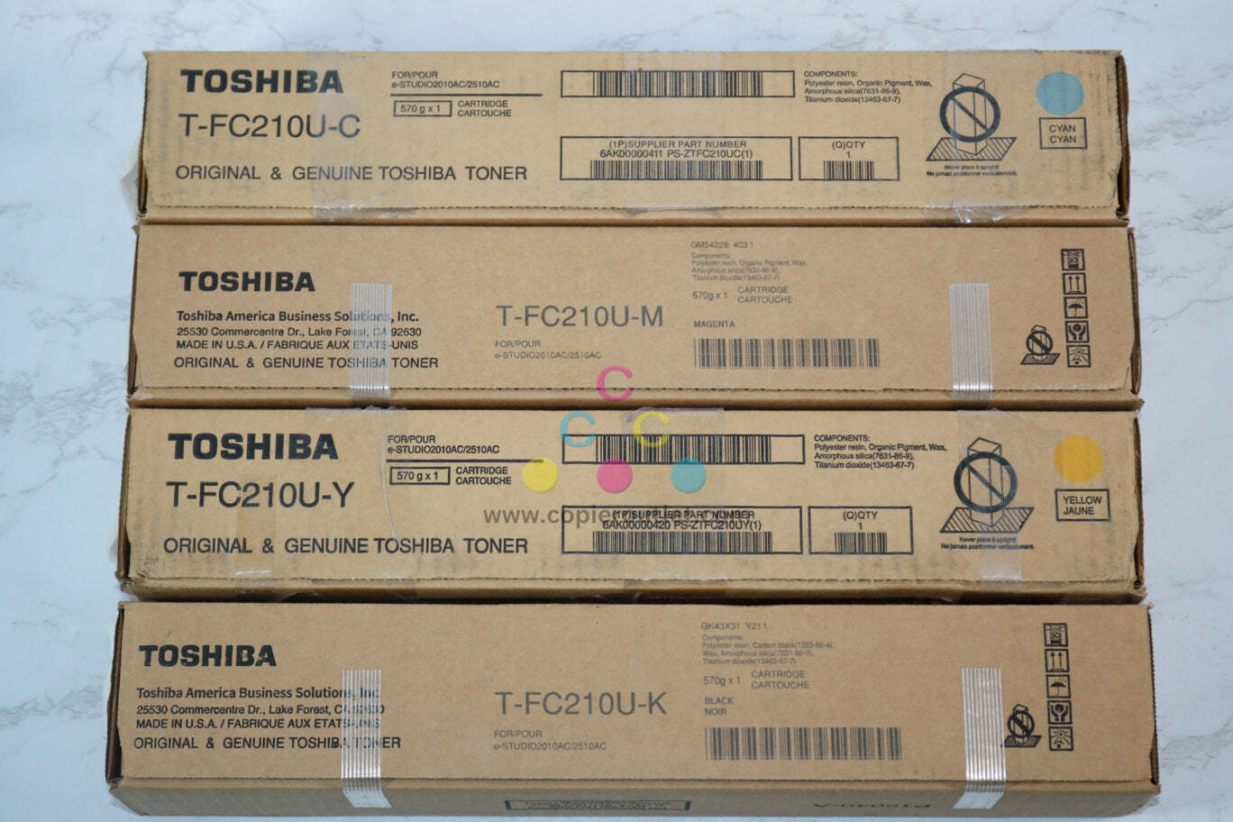 4 New OEM Toshiba eSTUDIO 2010AC,2510AC, T-FC210U/TFC210U CMYK Toners Carts.