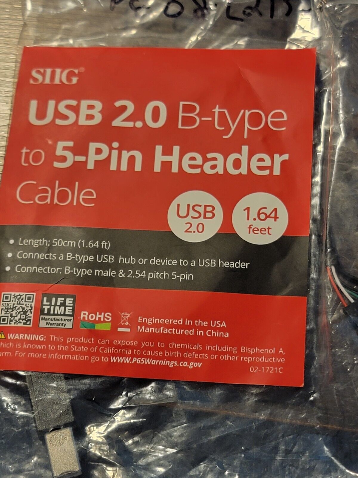 SIIG USB 2,0 TYPE B TO 5 PIN HEASER 1.64FT LING NEW SEALED BAG  LOC F1