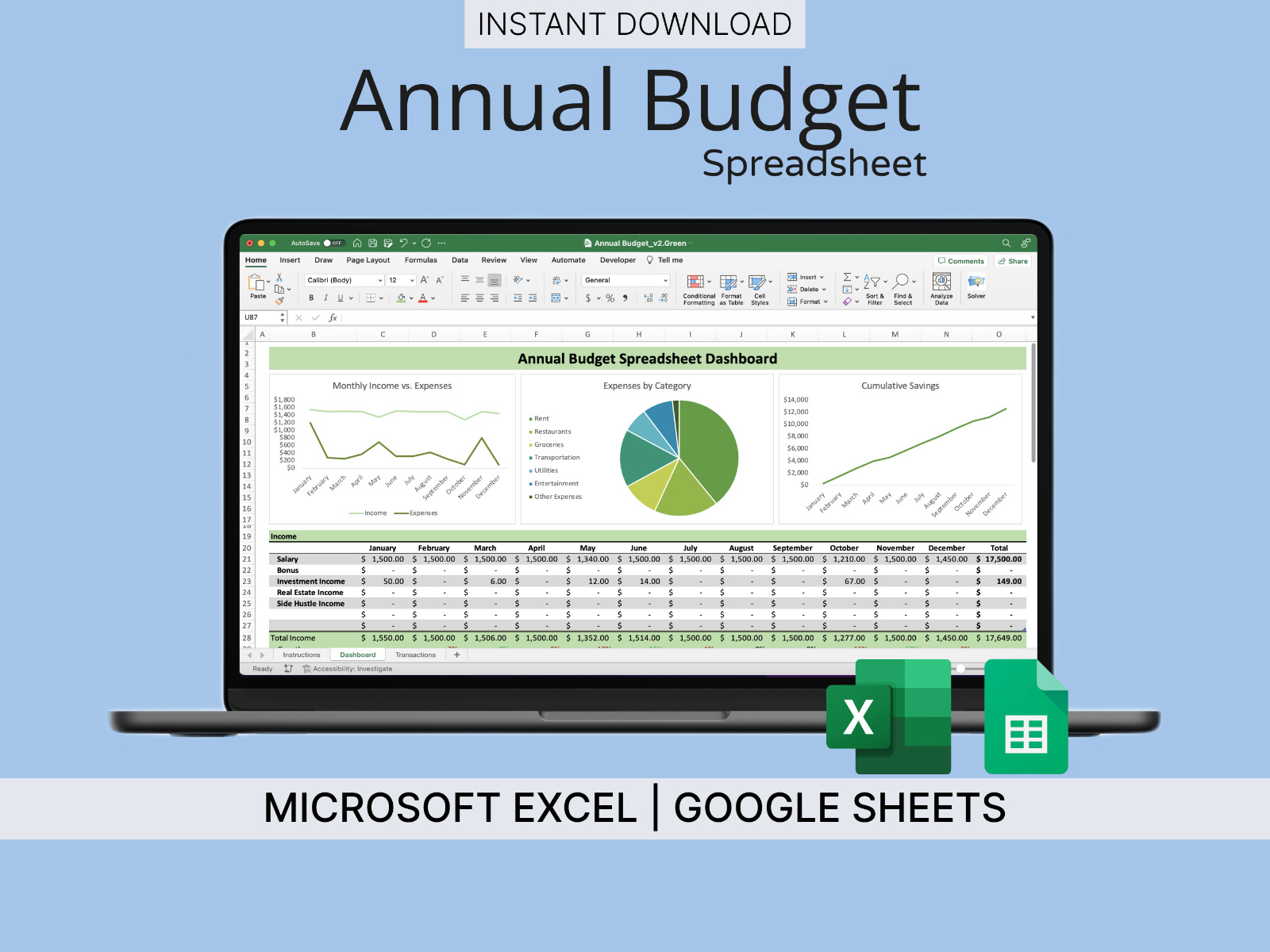 Budget Spreadsheet for Microsoft Excel & Google Sheets (Green) - Track Finances