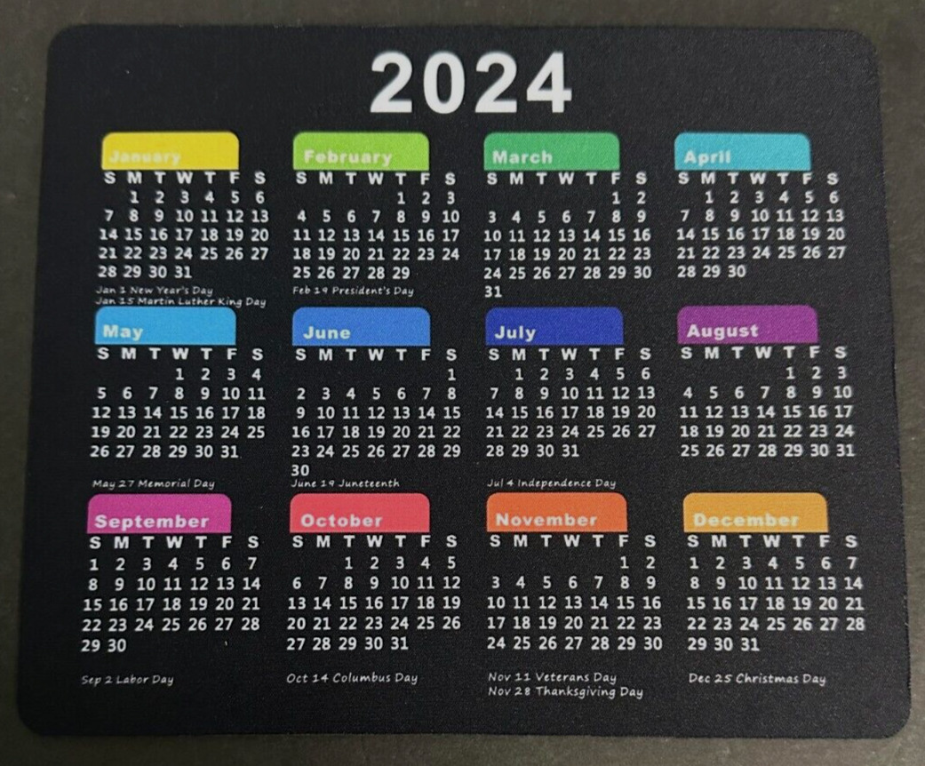2024 Calendar Mouse Pad Black Monthly Holidays listed Gaming Computer Gamer NEW