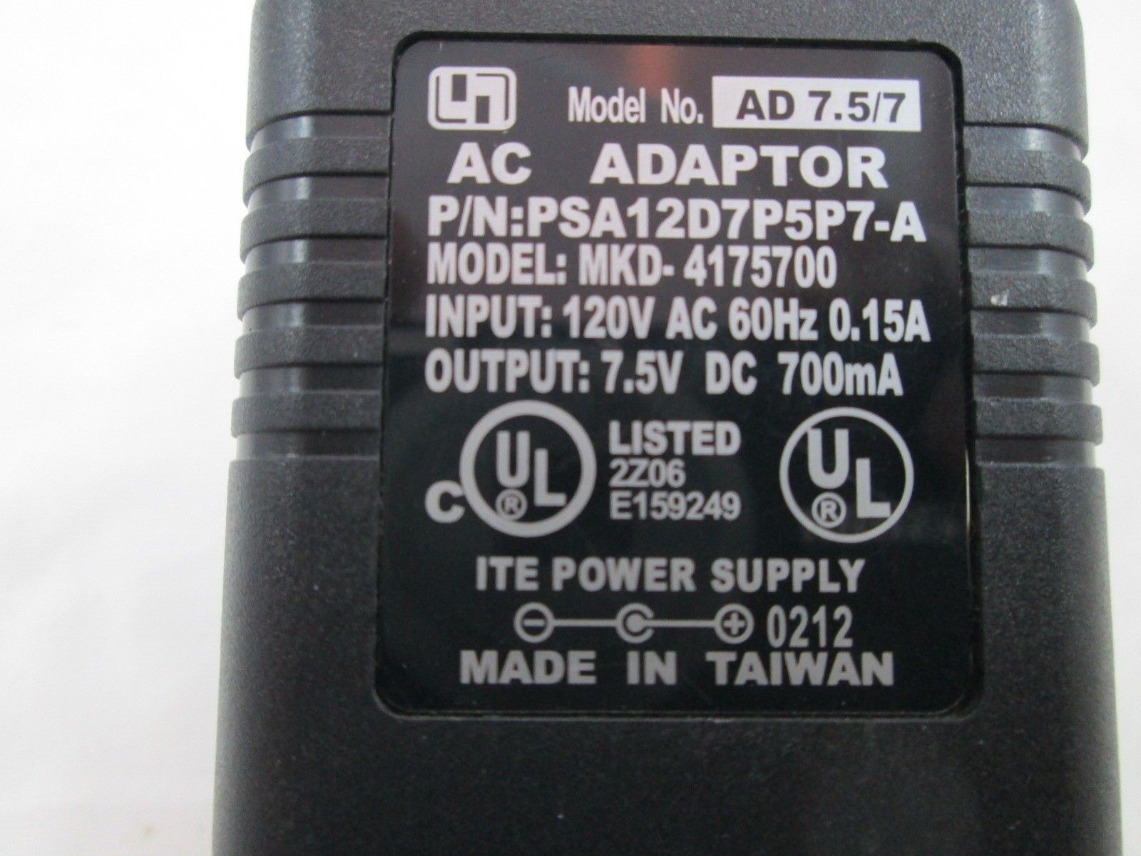 Genuine ITE MKD-4175700 AC Adapter 7.5VAC 700mA PSA12D7P5P7-A,  Model AD 7.5/7