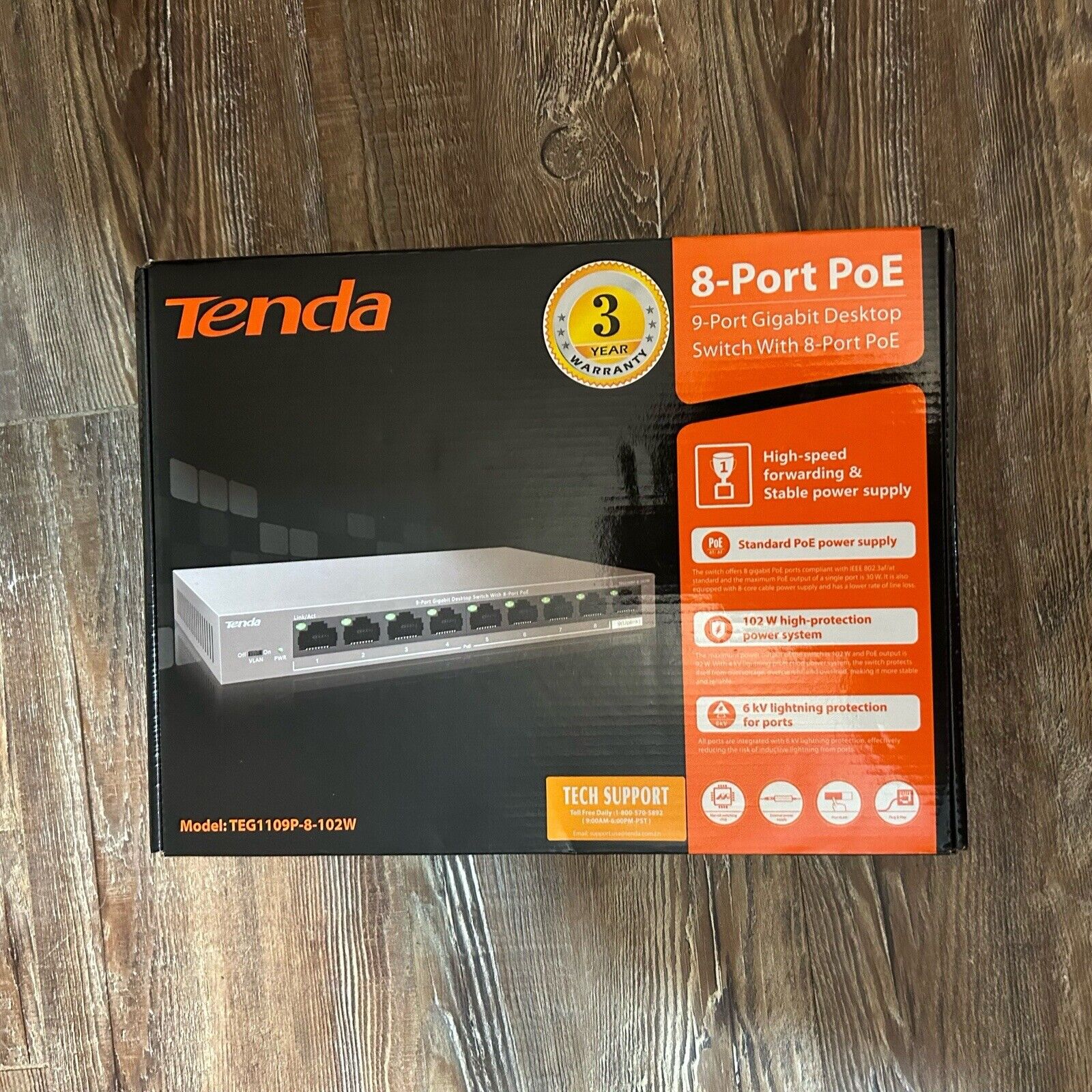 Tenda TEG1109P-8-102W 9-Port Gigabit Desktop Ethernet Switch Hub with 8-Port NEW