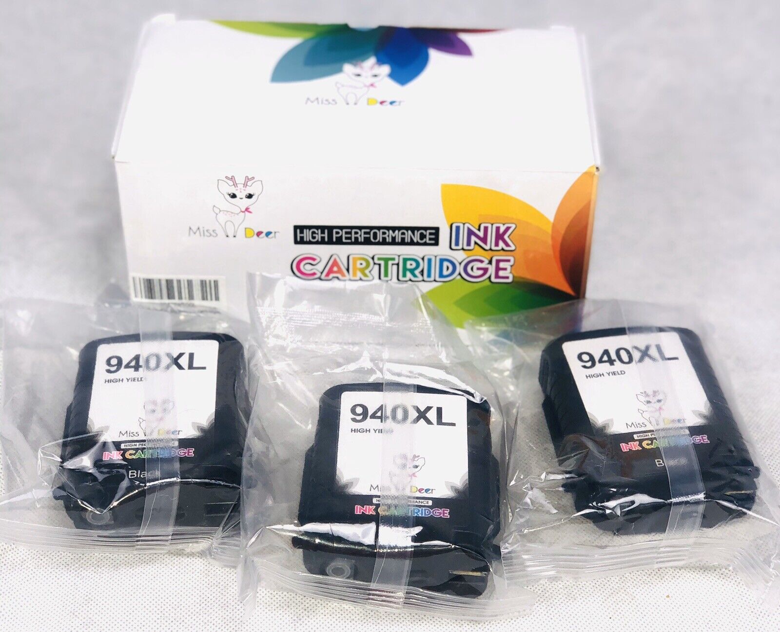Lot of 3 Miss Deer HP 940XL Black High Performance Compatible Ink Cartridges