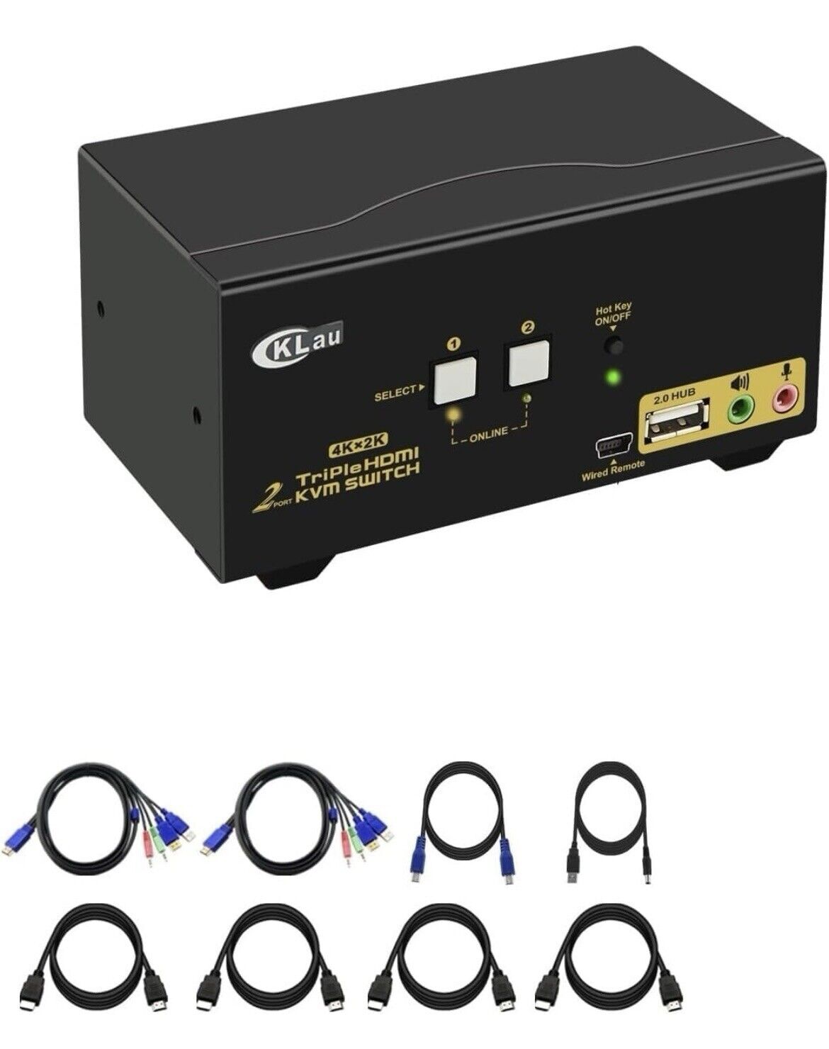1267-CKLau 4Kx2K@60Hz Dual Port 3 Monitor KVM Switch HDMI with Audio and Cables.