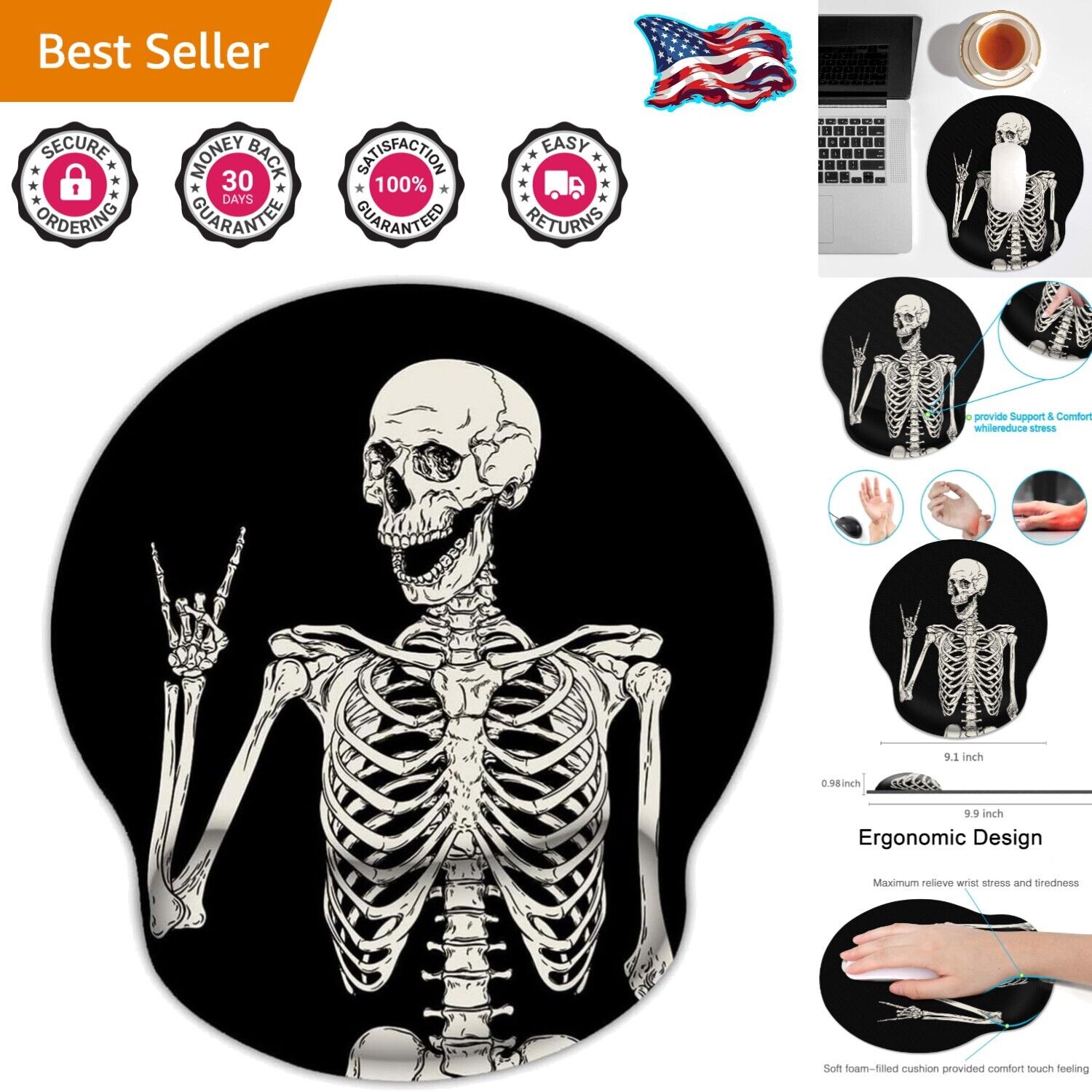 Ergonomic Mouse Pad with Wrist Support Black Human Skeleton Skull Non-Slip Ru...