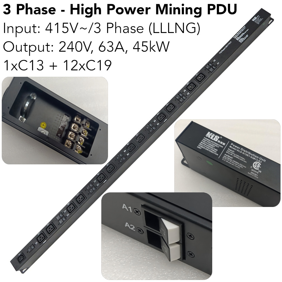 High Power Mining PDU 415V / 3 Phase (LLLNG) 1xC13 12xC19 - Output 240V 63A 45kW