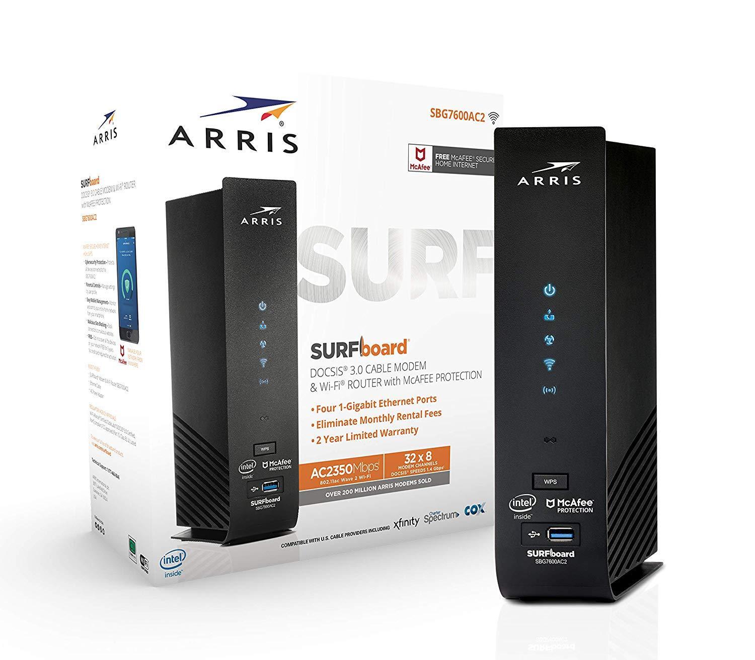 ARRIS SURFboard SBG7600AC2 32x8 DOCSIS 3.0 Cable Modem AC2350 Wi-Fi Router Black