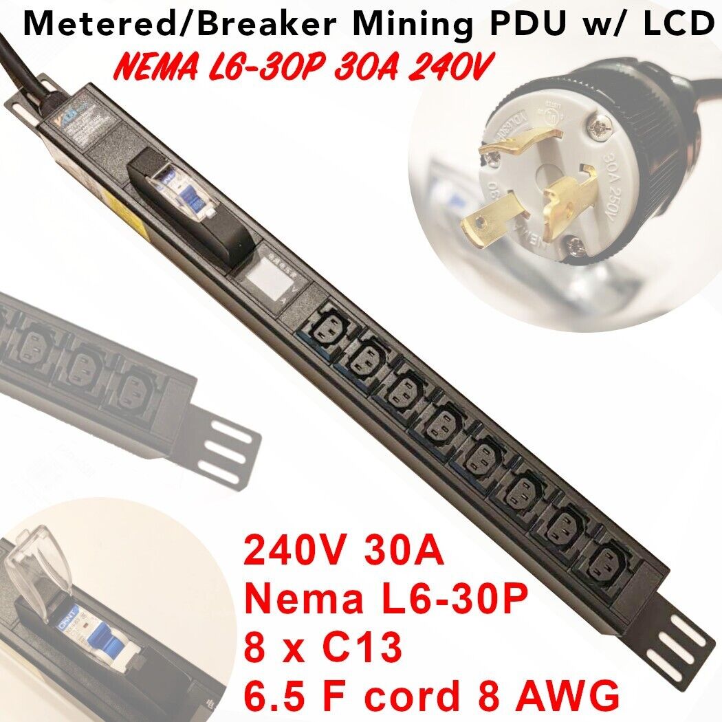 Metered PDU 30A 1U Rackmount PDU 208/240V 7.5kW Single Phase 6ft L6-30P Mining