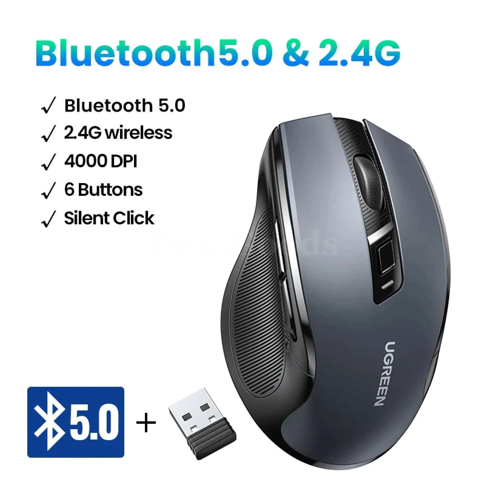 Ugreen Wireless Bluetooth 5.0 Mouse Ergonomic 4000DPI 6 Mute Buttons MacBook PC