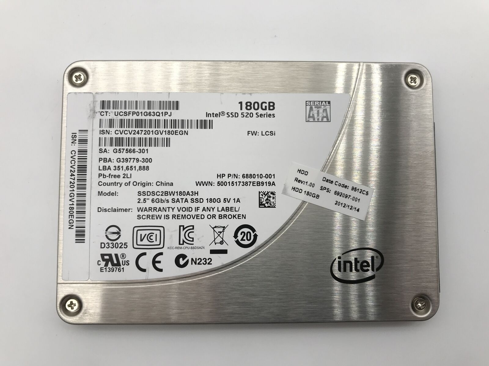 Intel SSDSC2BW180A3L 520 Series 180GB 2.5\