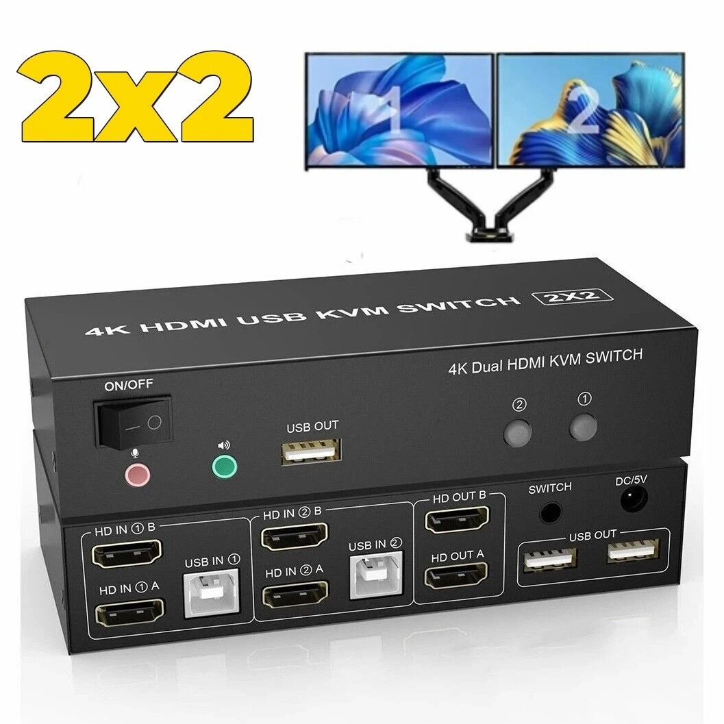 HDMI KVM Switch Dual Monitor 4K@60Hz USB KVM Switcher 2 Port for 2 Computers 