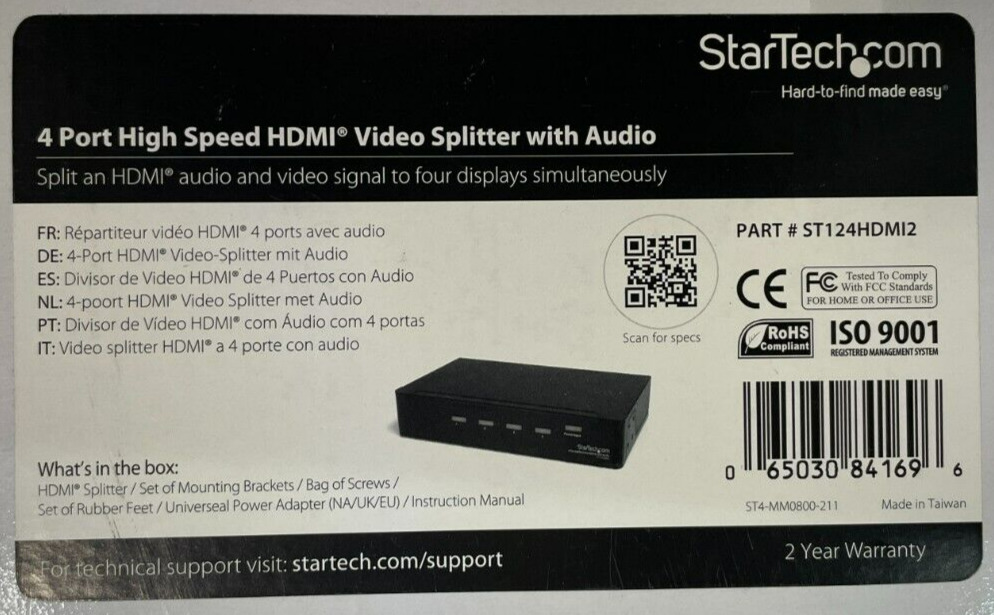 StarTech.com - ST124HDMI2 - HDMI Splitter 1 In 4 Out - 1080p - 4 Port