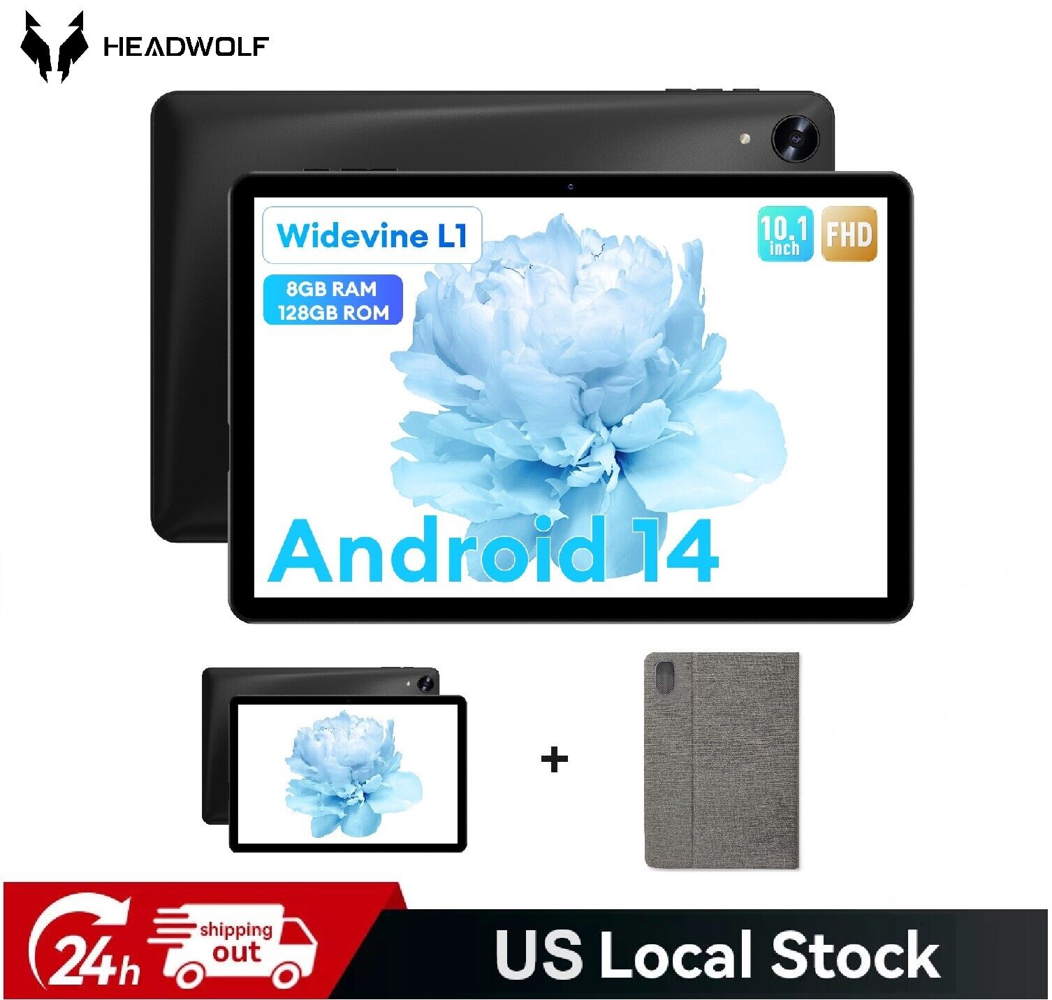 Headwolf 10.1 inch Android 14 Tablet PC bundle case 8GB RAM 128GB 5G WiFi 2024