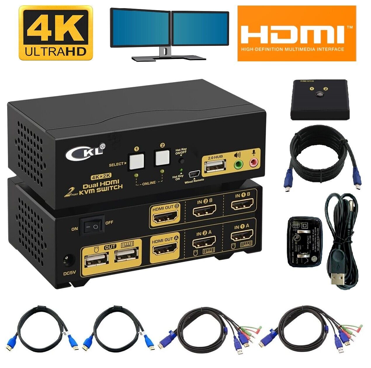 2 Port HDMI KVM Switch 4K Dual Monitor Extended Display W/ USB 2.0/Audio Support
