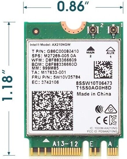 NEW Intel AX210 WiFi 6E 802.11 ax ac 2.4Ghz/ 5Ghz/ 6Ghz 2x2 BT 5.2 M.2 2230 Card