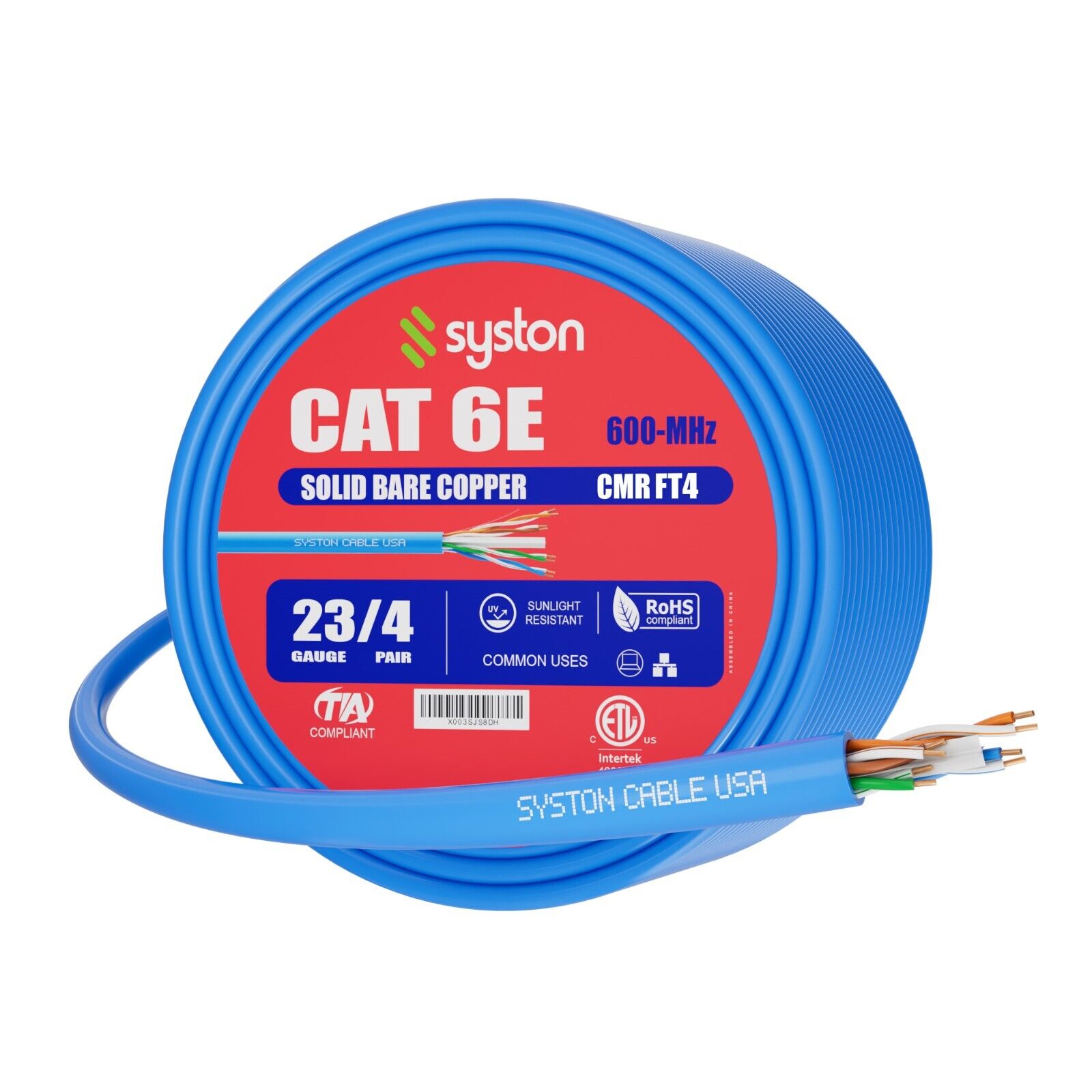 Syston Cat 6E Ethernet Network Cable 600MHz 23AWG UTP Solid Copper Wire-CMR Bulk