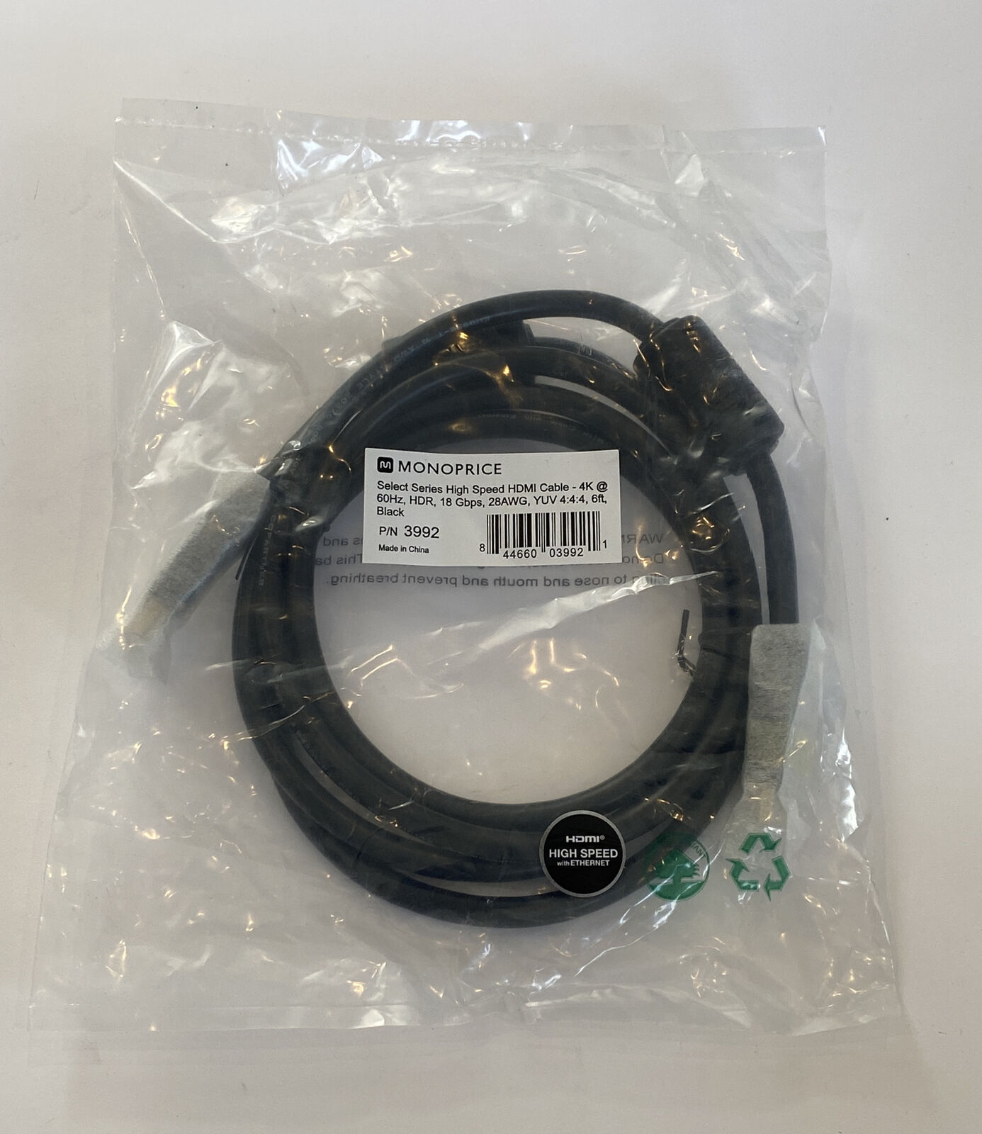 MonoPrice 3992 6 Ft Select Series High Speed HDMI Cable 4K 60Hz HDR 18 Gbps New