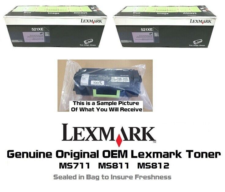 2 Mostly New Genuine Lexmark 521XE Toners MS711 MS811 SEALED BAG 60% 52D1X0E