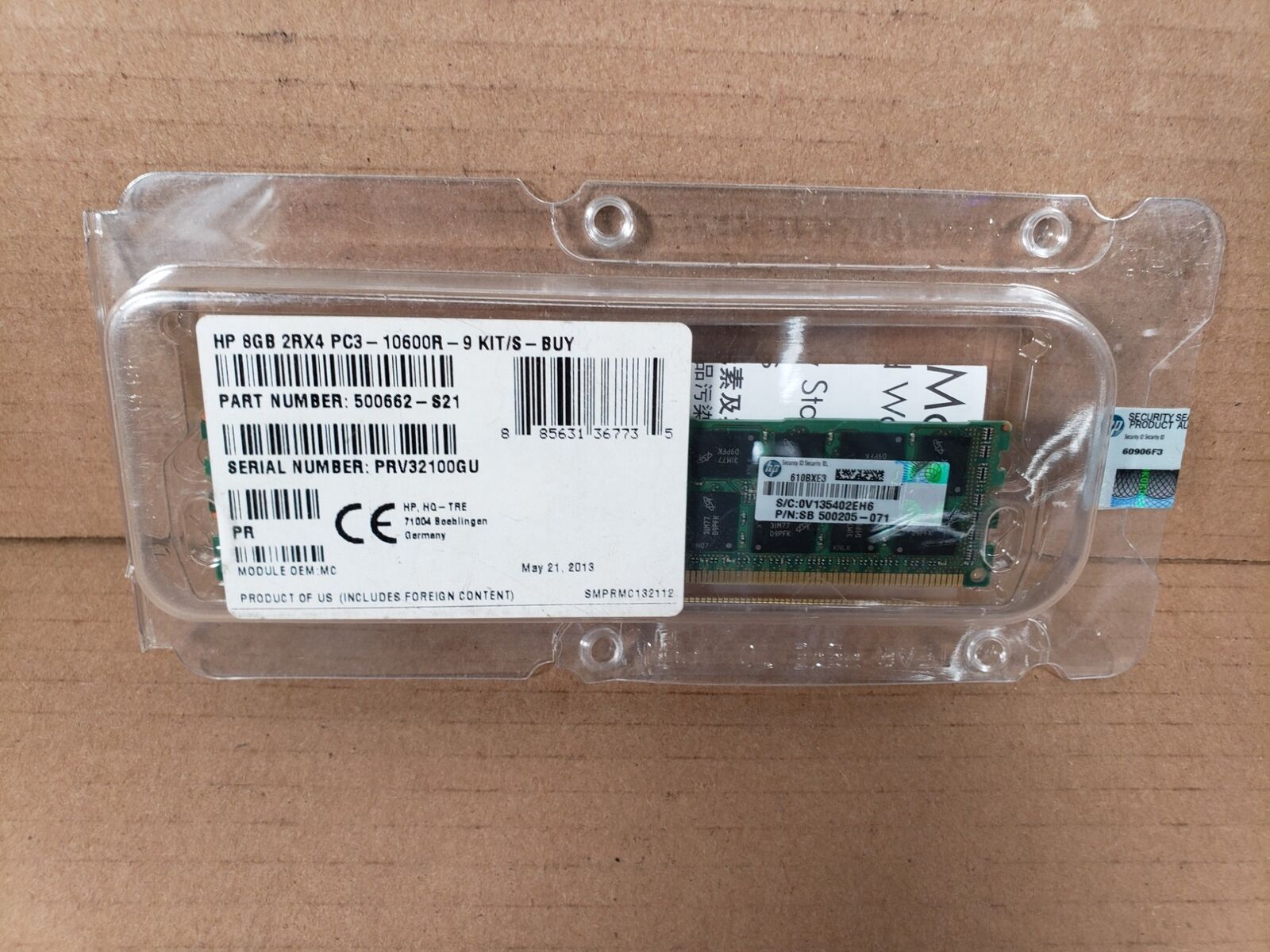 HPE New Retail 500662-S21 500205-071 8GB 2RX4 PC3-10600R-9 Kit New
