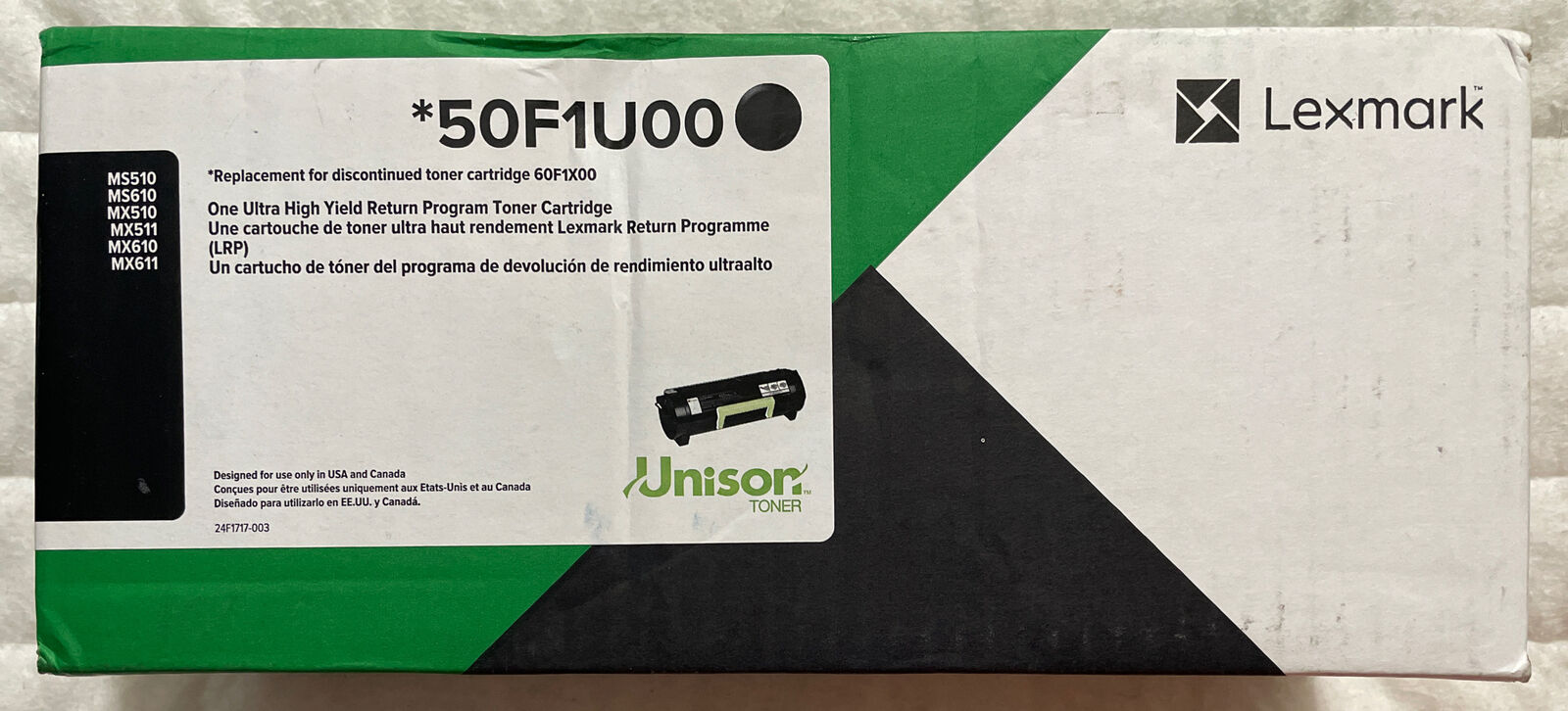 Lexmark 50F1U00 Ultra High Yield Black Toner Replaces 60F1X00 Brand New Sealed