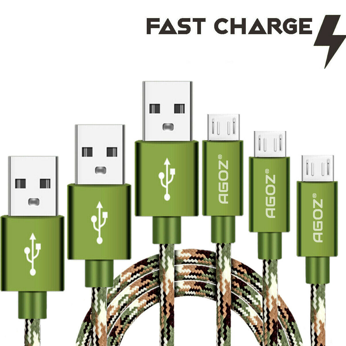 3 Pack Camo 6ft,10ft Micro USB FAST Charger Data Sync Cable Cord for Tablet
