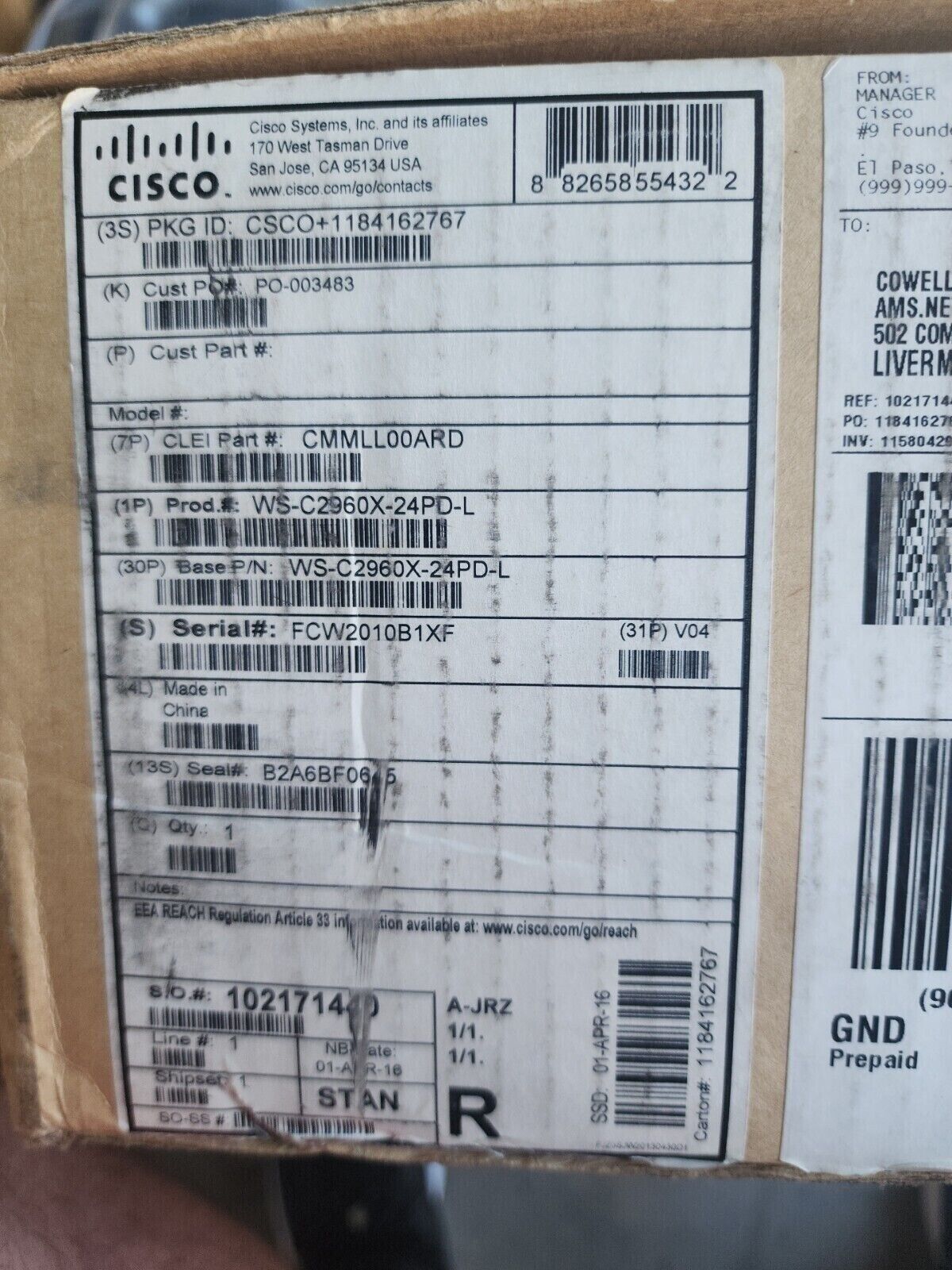 Cisco Catalyst WS-C2960X-24PD-L GigE PoE 370W, 2 x 10G SFP+ Open Box