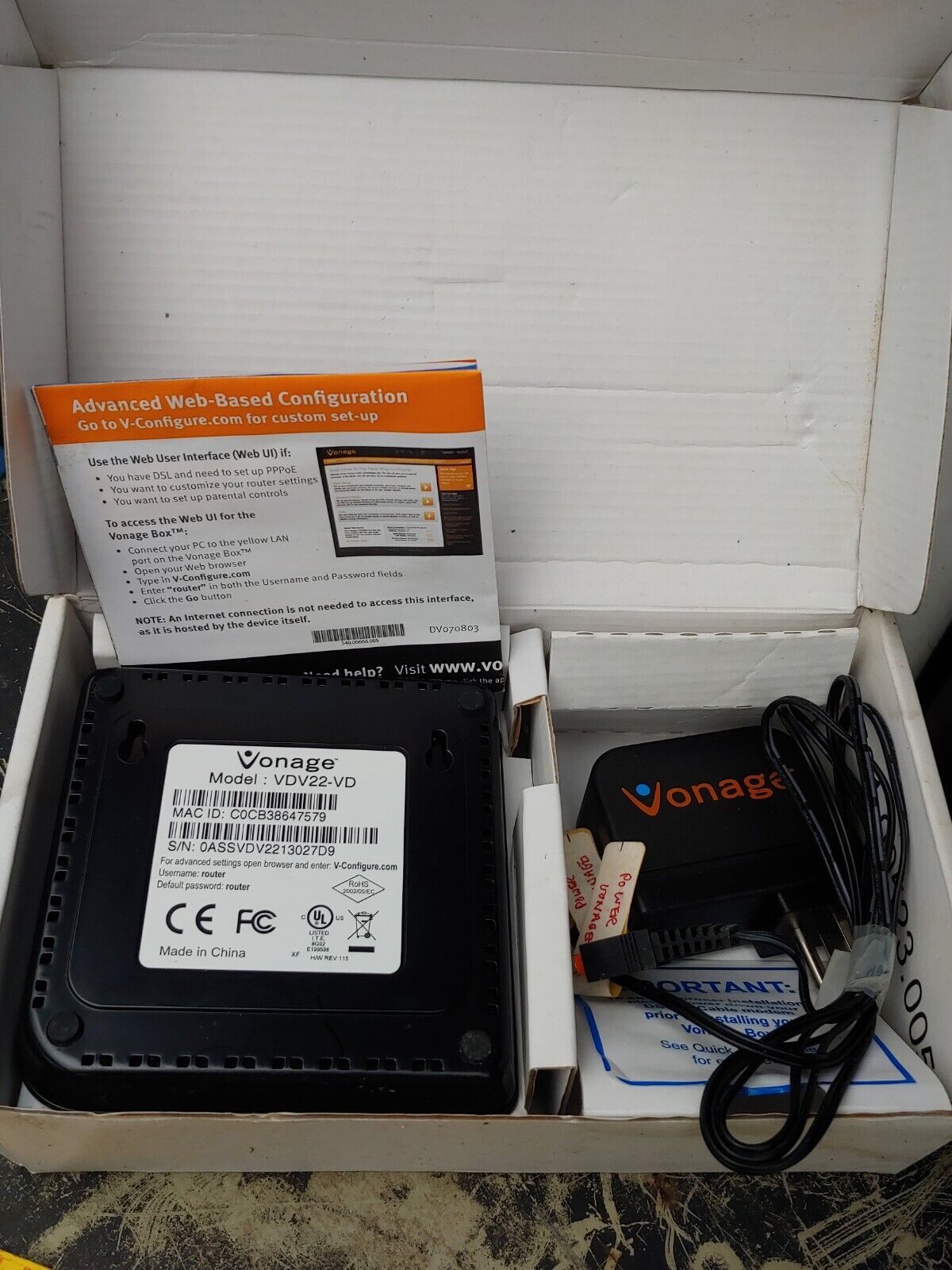 Vonage Voip Adapter VDV22-VD Router Analog Phone Box