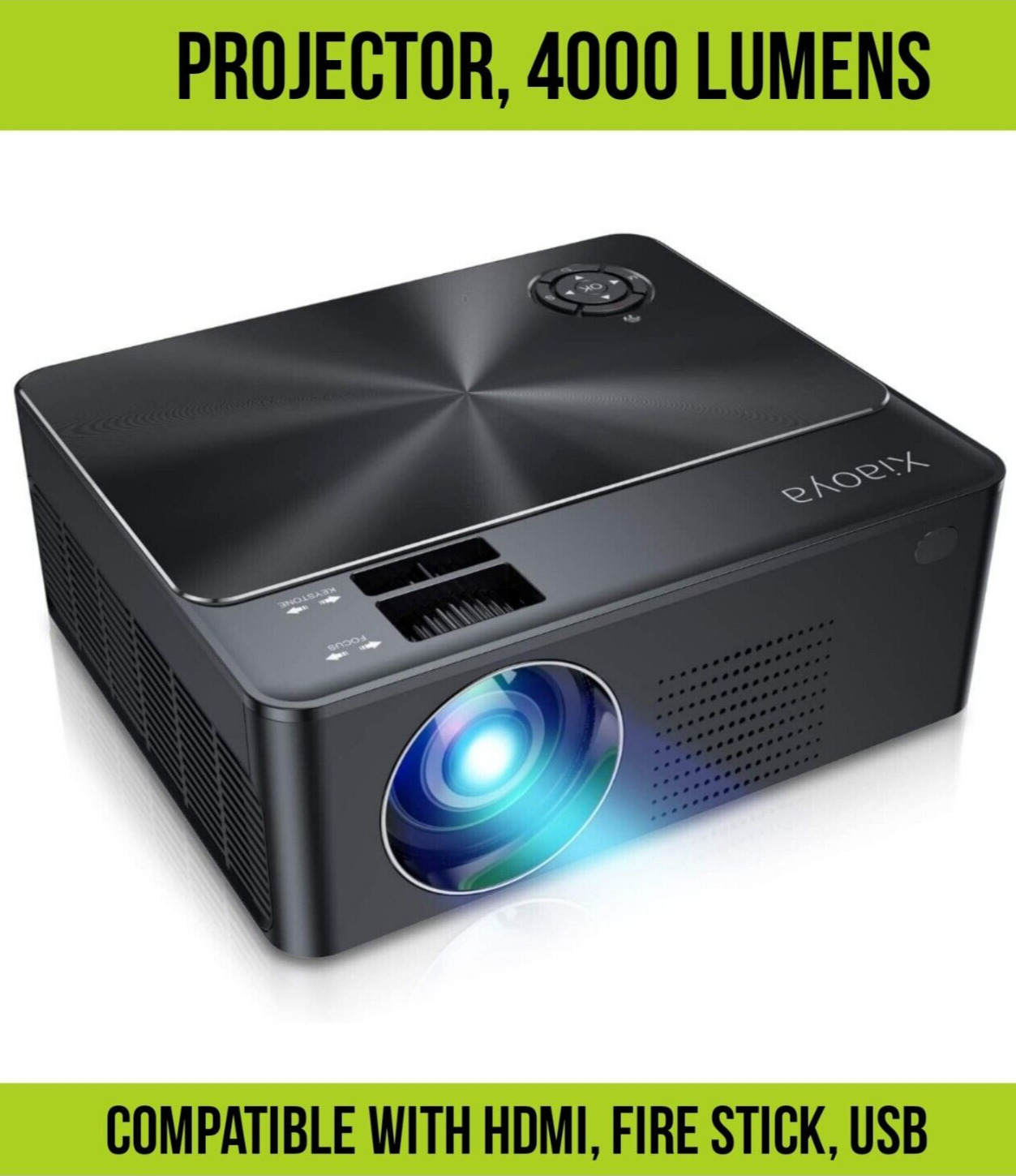 Projector, HD Outdoor Projector 1080P, 4000 Lumens MHL, VGA, USB, Micro USB,HDMI