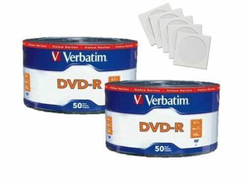 100 VERBATIM Blank DVD-R DVDR 16X 4.7GB Logo Branded Media Disc + 100 Sleeves 