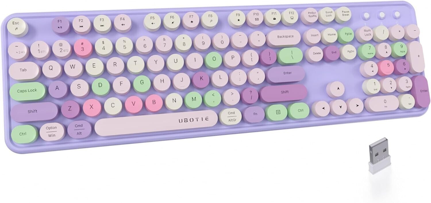 New in Box UBOTIE Retro Round Keycap Wireless Keyboard - Purple & Colorful