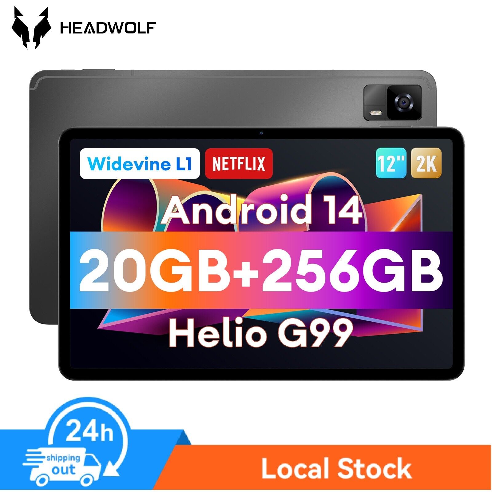 Headwolf Tablet 12 in Android 14 Gaming Tablets PC 12K FHD 20GB RAM 256GB Wi-Fi