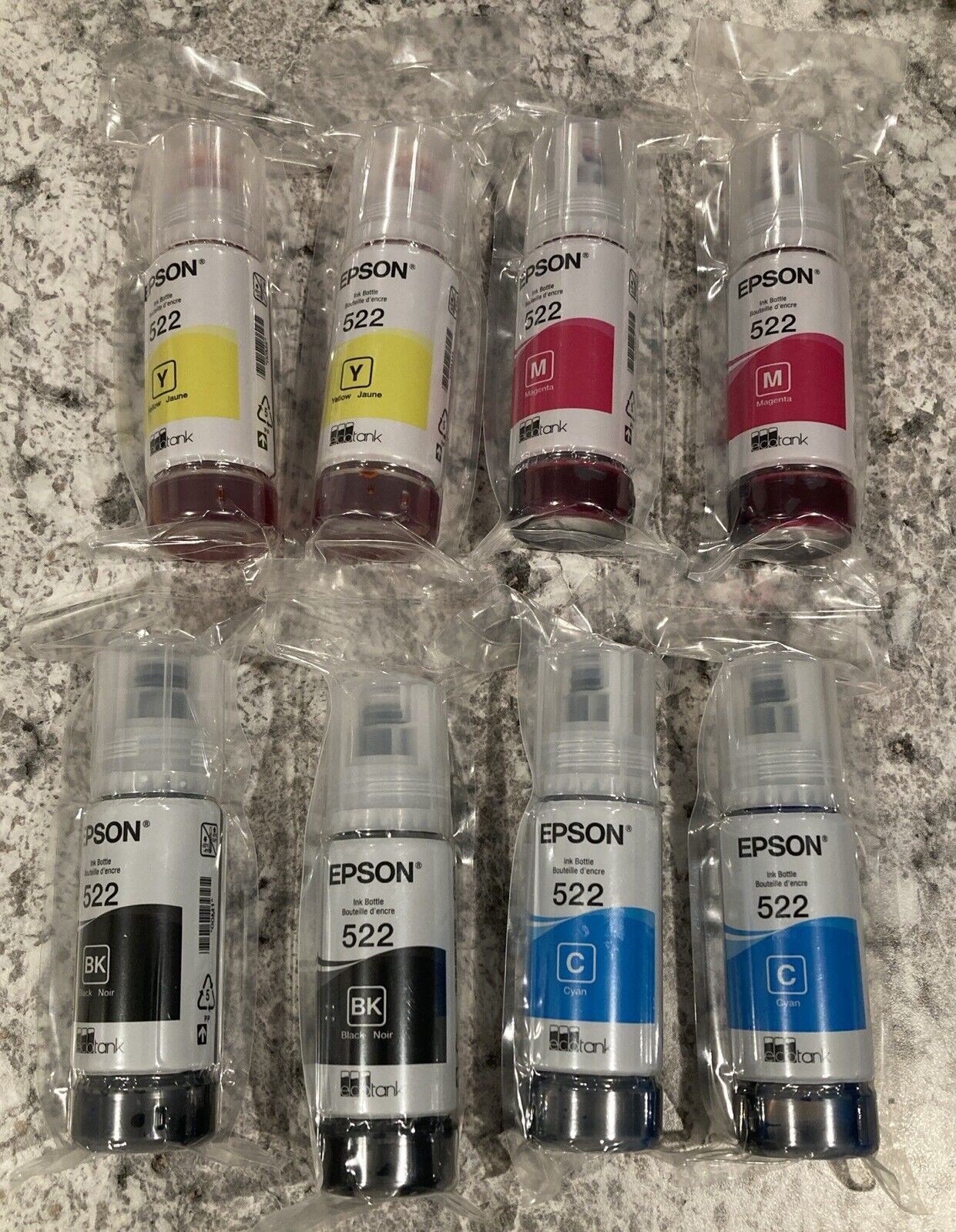 Genuine Epson 522 Ink Bottles - 2 BK, 2M, 2C, and 2Y - Exp 26/28 - Sealed - New