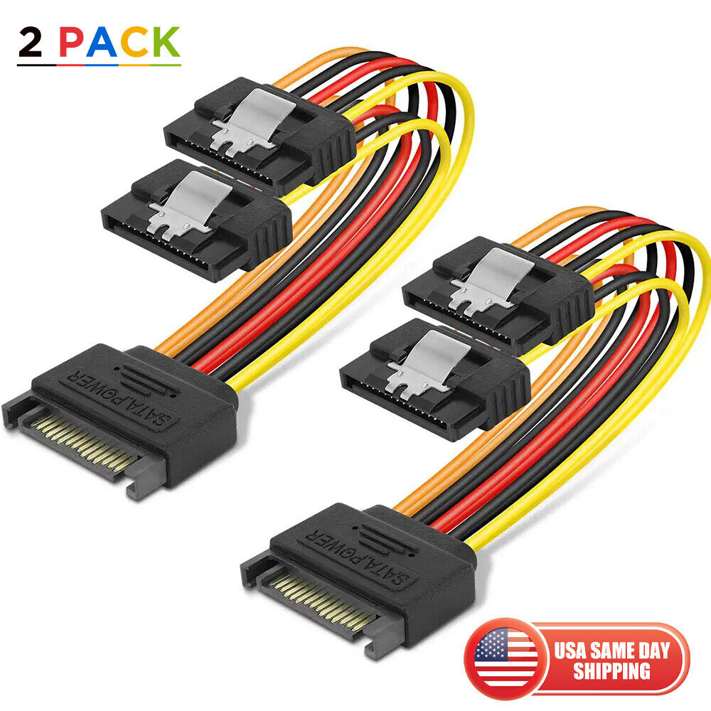 2x SATA Power 15 Pin Y Splitter Cable Adapter Male to Female SSD HDD Hard Drive