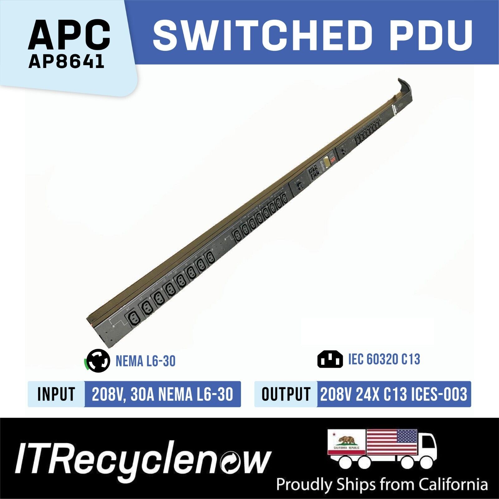 APC Metered Switching Rack PDU 0U L6-30 200V 208V 24A 24x C13 4.9kVA TESTED
