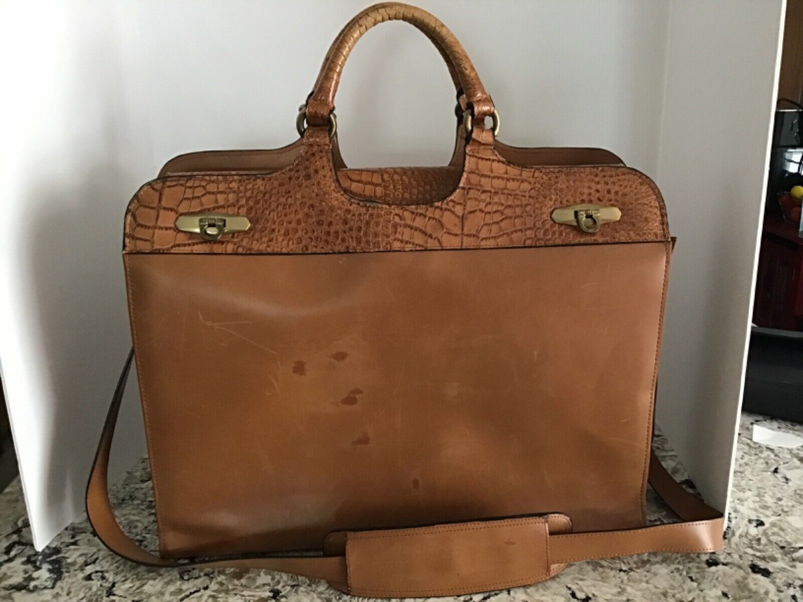 Vtg. Franklin Covey Genuine Leather Brown Business Laptop Messager Bag