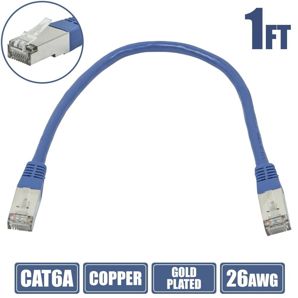 1-100FT Cat6A RJ45 Ethernet Network STP Patch Cable Copper Gold 26AWG Blue LOT