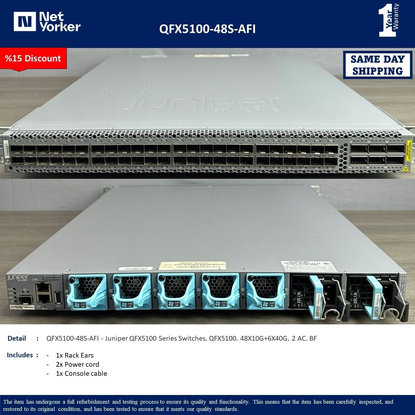 Juniper QFX5100-48S-AFI 48x SFP+/SFP 6x QSFP QFX5100 Layer 3 - Same Day Shipping