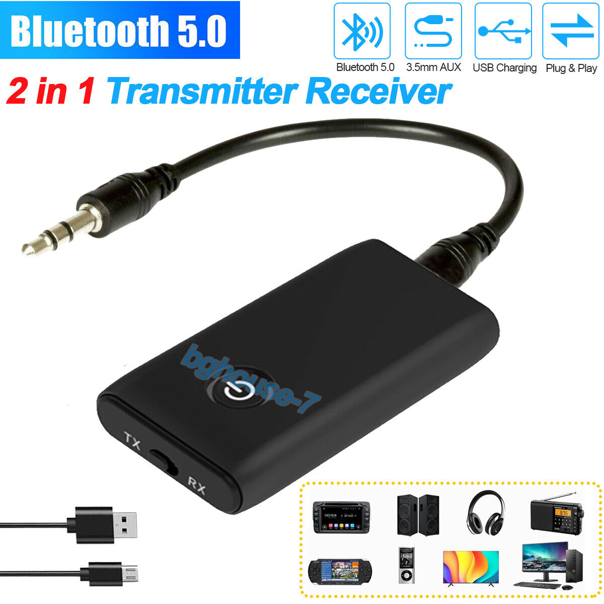 Bluetooth 5.0 Transmitter Receiver 2 in 1 Wireless Audio 3.5mm Jack Aux Adapter